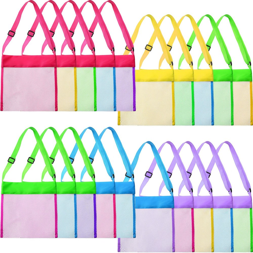 Boao 20 Packs Mesh Beach Bag Sand Toy 9.5 x 9 Inch Seashell Collecting Bag Outdoor Swimming Beach Accessories Gift for Boys and Girls(Colorful,Classic)