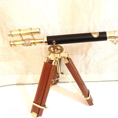 Double Barrel Brass Telescope with Brown Wooden Tripod Adjustable Marine Nautical Working Telescope Spyglass Table Top Telescope Gift Item