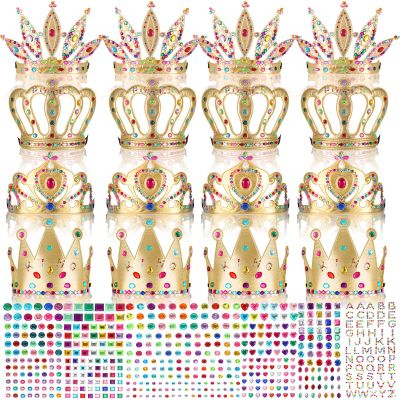 Civaner 17 Pcs Princess Party Crowns Set DIY Tiaras Making Kit for Kids with Diamond Stickers, Party Favors and Supplies(Gold)