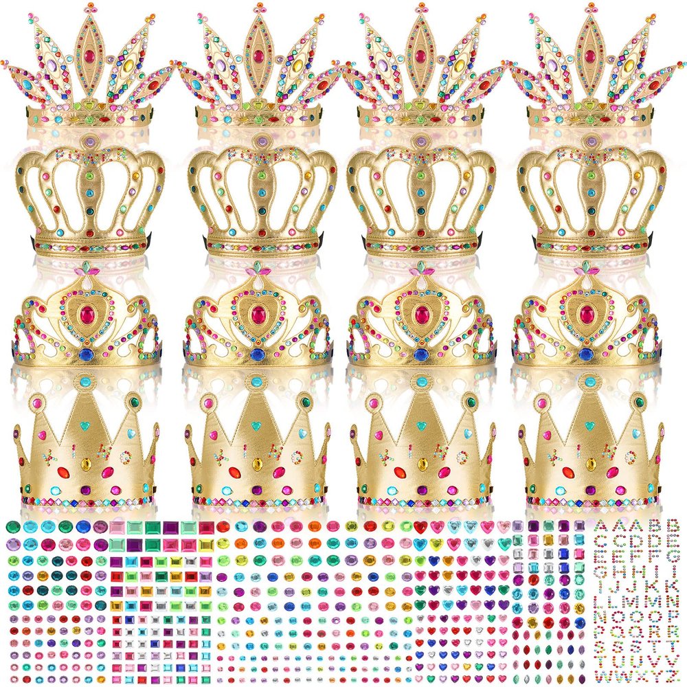 Civaner 17 Pcs Princess Party Crowns Set DIY Tiaras Making Kit for Kids with Diamond Stickers, Party Favors and Supplies(Gold)