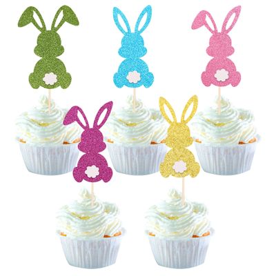 30 Pack Easter Rabbit Cupcake Toppers Glitter Colorful Bunny Cupcake Food Picks Happy Easter Themed Baby Shower Kids Birthday Party Cake Decorations Supplies