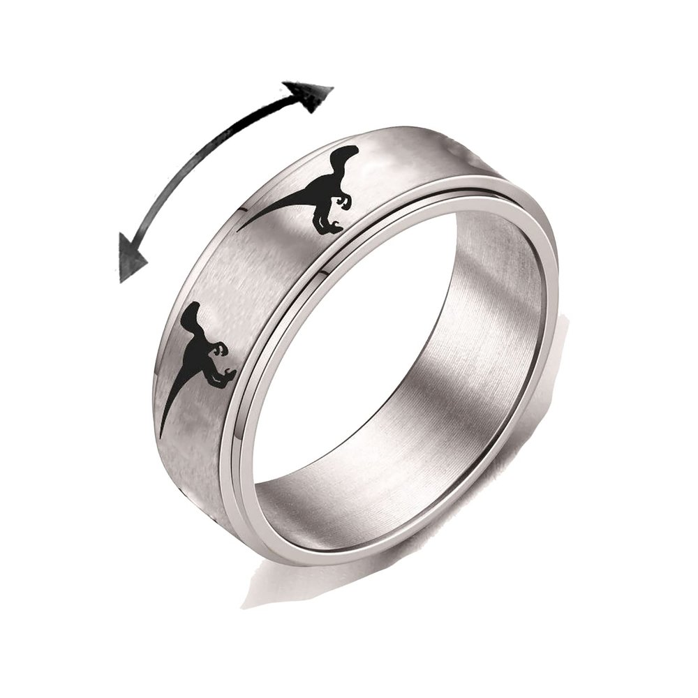 INENIMARTJ Dinosaur Fidget Rings for Women Men Stainless Steel Spinner Ring Dinosaur Anxiety Ring Jurassic Dinosaurs Anxiety Spinning Ring (C raptor, 10)