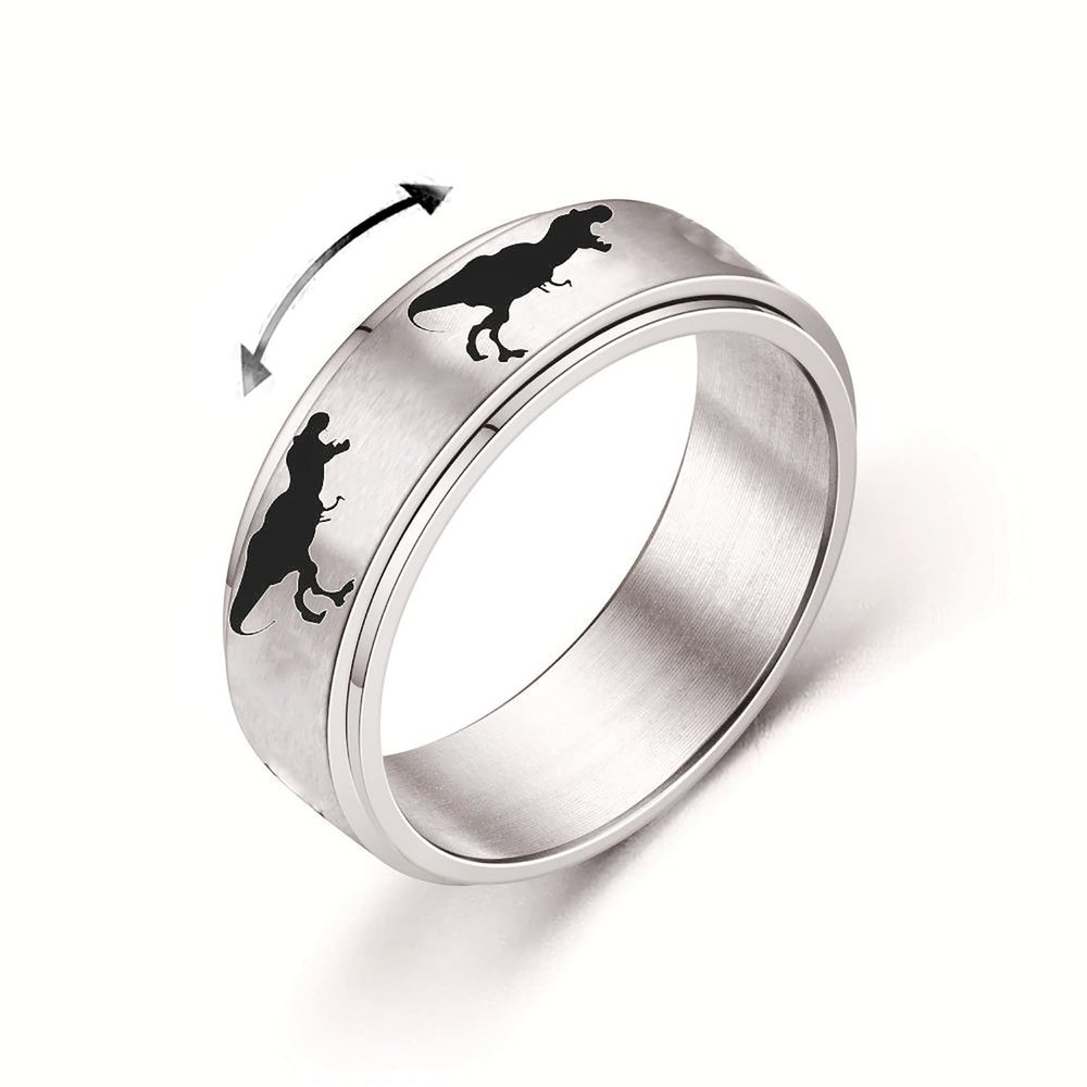 INENIMARTJ Dinosaur Fidget Rings for Women Men Stainless Steel Spinner Ring Dinosaur Anxiety Ring Jurassic Dinosaurs Anxiety Spinning Ring (A Tyrannosaurus, 9)