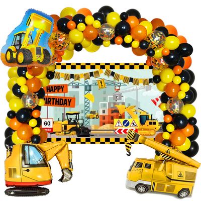 Construction Birthday Party Supplies with Dump Truck Digger Bulldozer Balloons Construction Background,Confetti Balloons,Yellow, Black, Orange Balloons for Kids Birthday Party