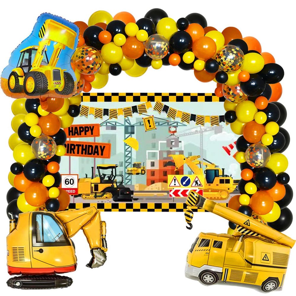 Construction Birthday Party Supplies with Dump Truck Digger Bulldozer Balloons Construction Background,Confetti Balloons,Yellow, Black, Orange Balloons for Kids Birthday Party