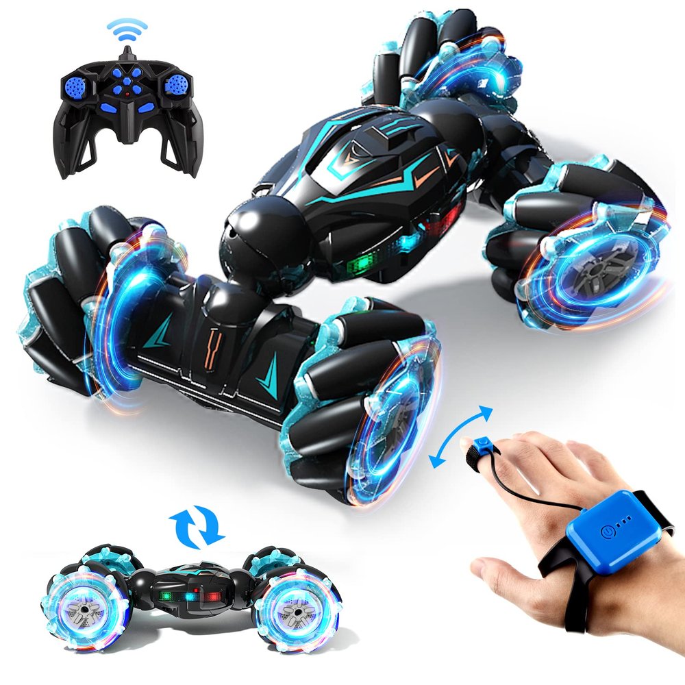 Deejoy 1:12 Gesture Sensing RC Stunt Car, 2.4GHz 4WD Hand Controlled Remote Control Car for Boys 8-12, Double Sided Rotating Off Road Vehicle 360 Flips with Lights Music for Birthday