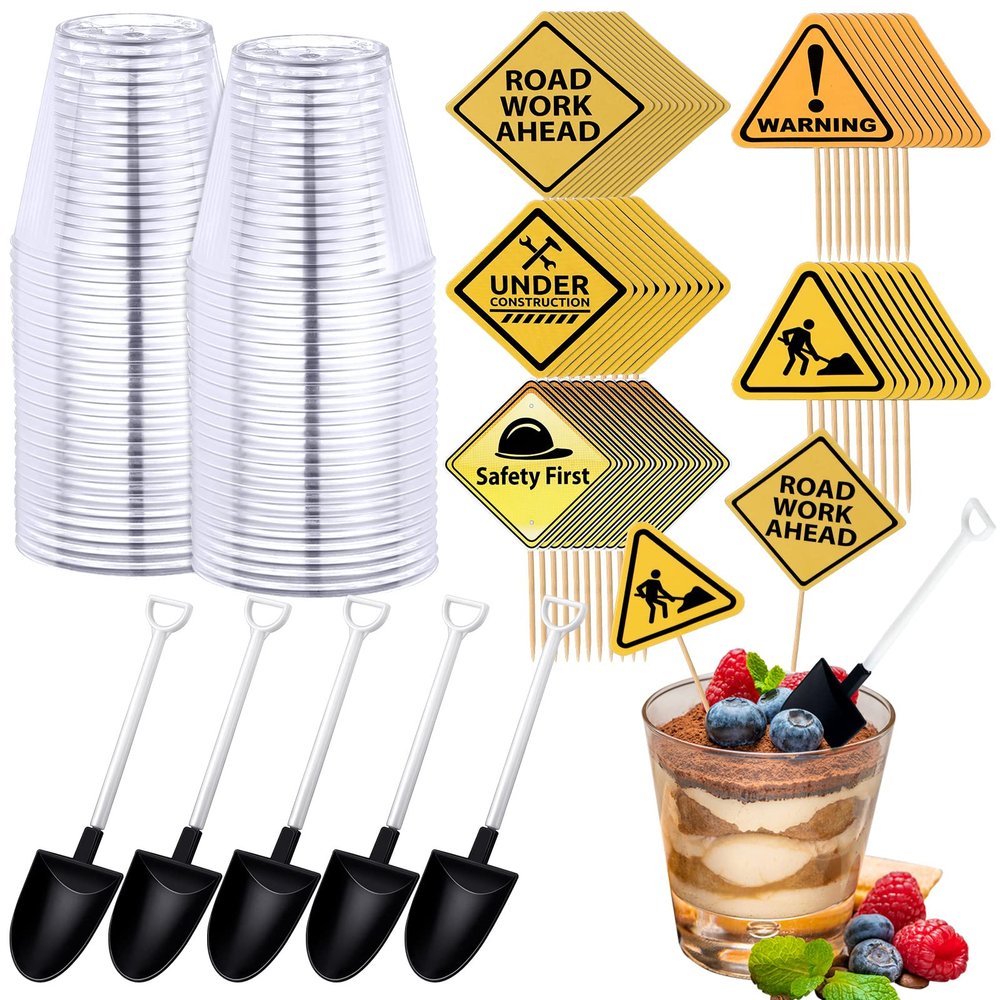 BBTO 150 Pieces Party Supplies - 50 Plastic Shovel Spoons, 50 Cake Dessert Cups, 50 Construction Cupcake Toppers for Themed Birthday Party
