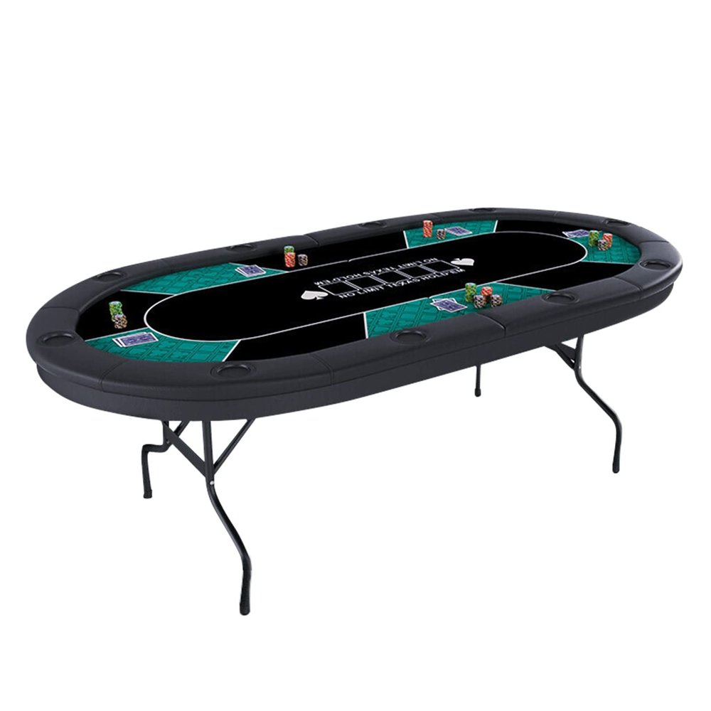 Foldable Poker Table 10 Playes, Oval Portable Texas Hold'em Poker Table with Faux Leather Padded Rails and Cup Holders, for Casino Leisure Game Blackjack Board Game