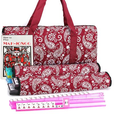 Mose Cafolo American Mahjong Game Set, Red Paisley Carrying Bag,166 Premium White Tiles, All-in-One Color Rack/Pushers, Chips,Wind Indicator, English Manual,Complete Mah jongg, Mahjong Tiles Set
