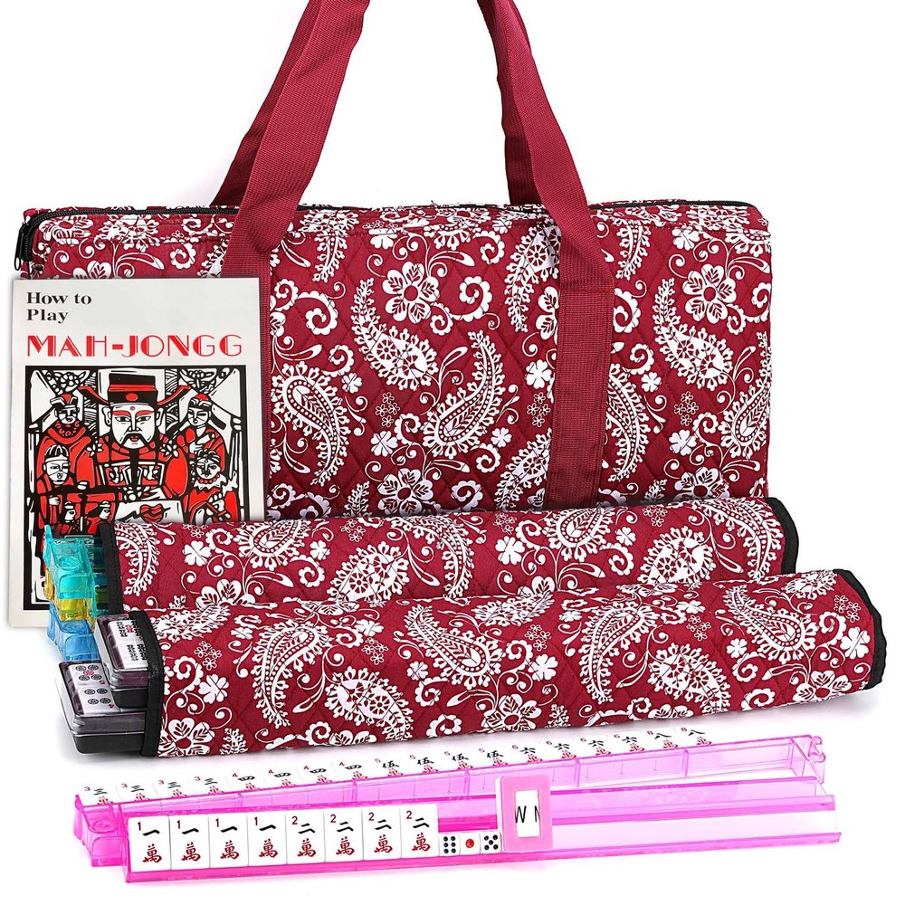 Mose Cafolo American Mahjong Game Set, Red Paisley Carrying Bag,166 Premium White Tiles, All-in-One Color Rack/Pushers, Chips,Wind Indicator, English Manual,Complete Mah jongg, Mahjong Tiles Set