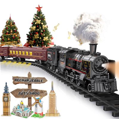 Electric Train Sets for Boys Girls Metal Alloy Christmas Trains Toys Steam Locomotive, Passenger Carriages, Tracks, Light & Sounds Rechargeable Birthday Gifts for Kids 3 4 5 6 7 8 + Years Old Red