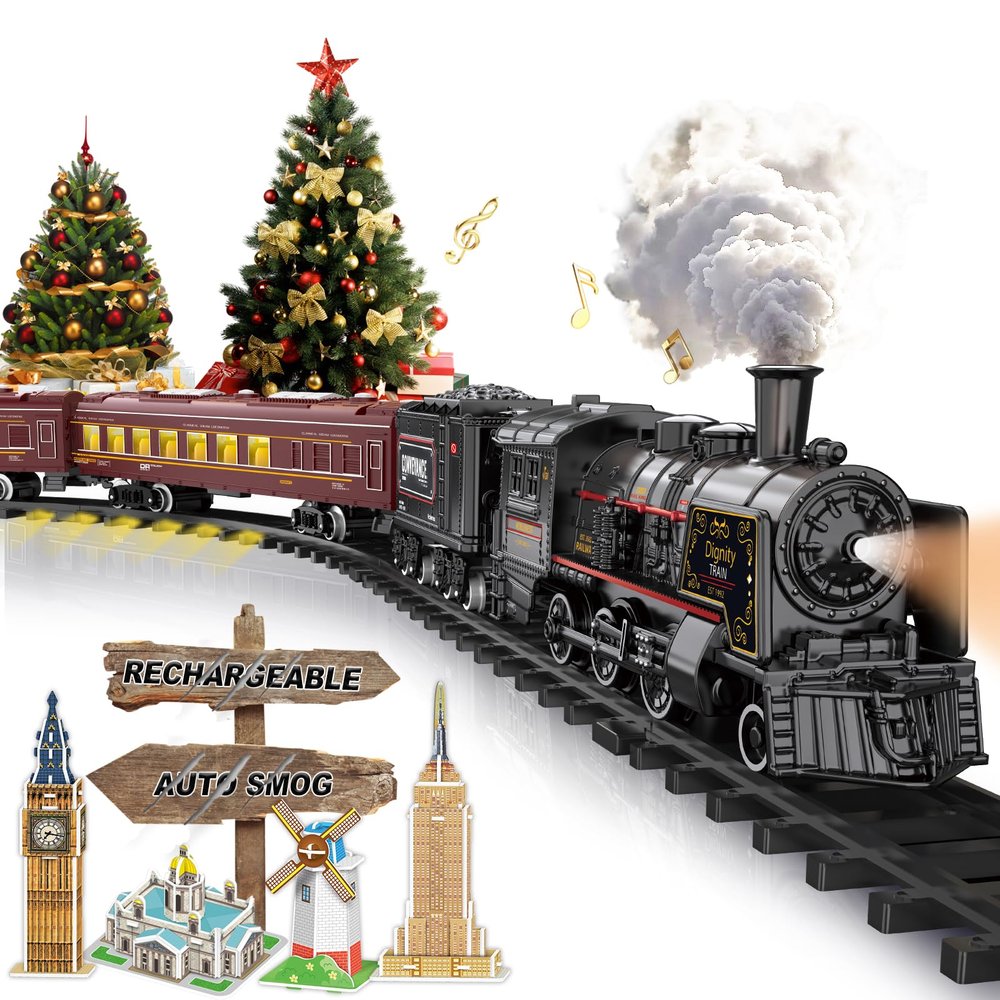 Electric Train Sets for Boys Girls Metal Alloy Christmas Trains Toys Steam Locomotive, Passenger Carriages, Tracks, Light & Sounds Rechargeable Birthday Gifts for Kids 3 4 5 6 7 8 + Years Old Red 