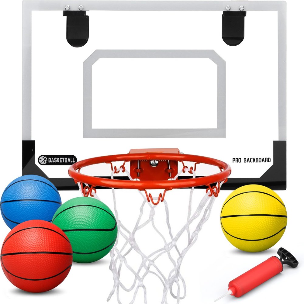 Mini Indoor Basketball Hoop Over The Door, Basketball Hoop Set for Home Dorms Wall Mounted Garage with 4 Balls and Pump, Gifts for Teen Boys Girls 6 7 8 9 10 11 12 Year Old