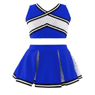 Oyolan Kids Girls 2 Pcs Cheerleading Halloween Costume Cheer Leader Uniform Outfit Crop Tops with Pleated Skirt Royal Blue B 14 Years