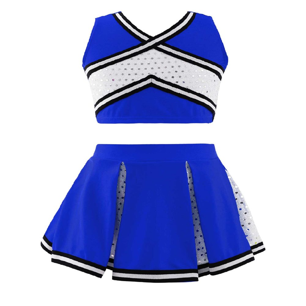 Oyolan Kids Girls 2 Pcs Cheerleading Halloween Costume Cheer Leader Uniform Outfit Crop Tops with Pleated Skirt Royal Blue B 14 Years