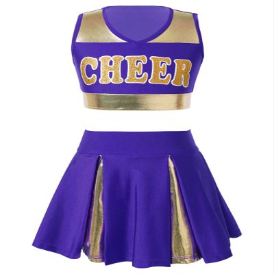 winying Kid Girls Cheerleading Cosplay Costume Cheer Leader Uniform Outfit Sleeveless Crop Top with Pleated Skirt Purple B 14 Years
