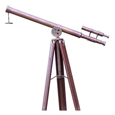 Antique Brass Double Barrel Telescope with Wooden Tripod Nautical Marine Telescope for Home Decor by Nautical Export India (Brown)