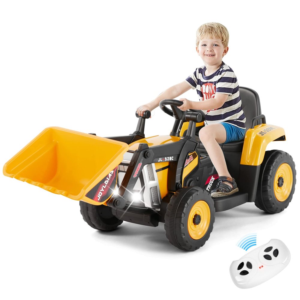 JOYLDIAS Ride On Excavator, 12V Electric Construction Vehicle Bulldozer/Tractor for Kids Digger W/Remote Control, 3 Speeds, Bluetooth, Music, Lights, Yellow