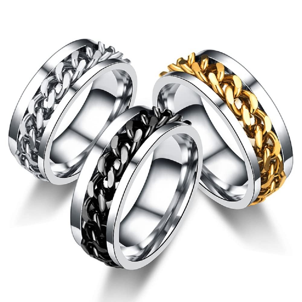 COLORFUL BLING 3 pcs 8mm Spinner Ring Stainless Steel Fidget Rings Anti Anxiety for Men Women Cool Grooved Anxiety Stress Roller Rings Cool Jewelry-Size 10