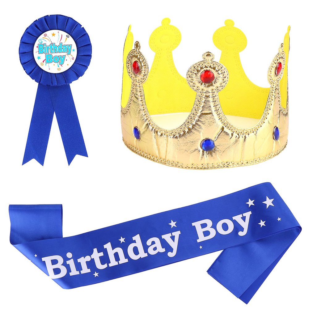 Abeillo Birthday King Crown, Boy's Sash, Button Pins and Dress-Up Accessories Set for Birthday Celebration