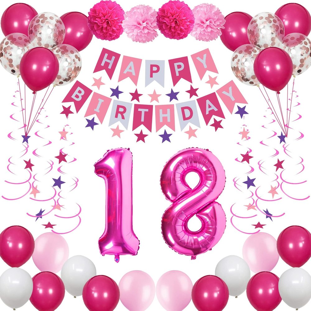 18th Birthday Decorations for Girls, Pink Happy Birthday Balloons Supplies Including 18 Pink Number Balloons, Star Streamers, Hanging Swirls