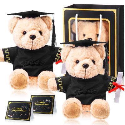 2 Sets Bear with Graduation Cap Toys Class of 2025 Graduation Plush Stuffed Teddy Bear Animal Dog Graduation Cap and Gown with Greeting Card and Bag for Graduation Day Gift(Black Graduation Bear)