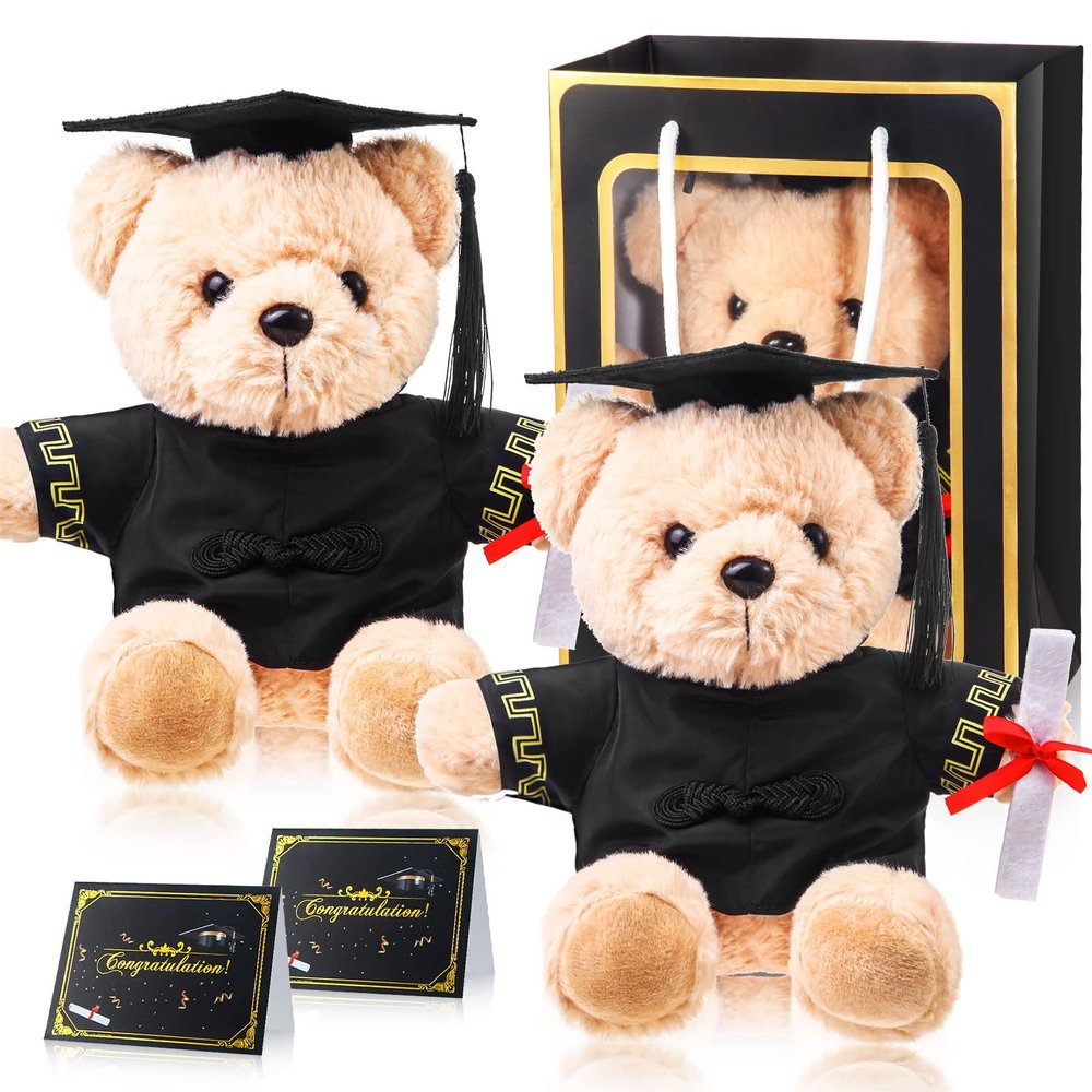 2 Sets Bear with Graduation Cap Toys Class of 2025 Graduation Plush Stuffed Teddy Bear Animal Dog Graduation Cap and Gown with Greeting Card and Bag for Graduation Day Gift(Black Graduation Bear)