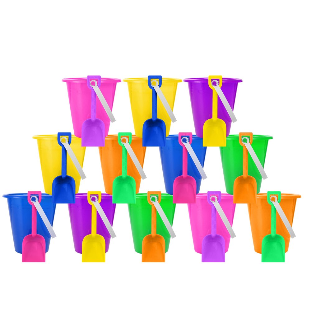 4E's Novelty 12 Sets 5.5" Sand Buckets and Shovels for Kids Bulk (12 Pack) Small Beach Bucket for Summer Outdoor Sand Toys, Party Favors, Basket Stuffers, End of Year Student Gifts from Teacher