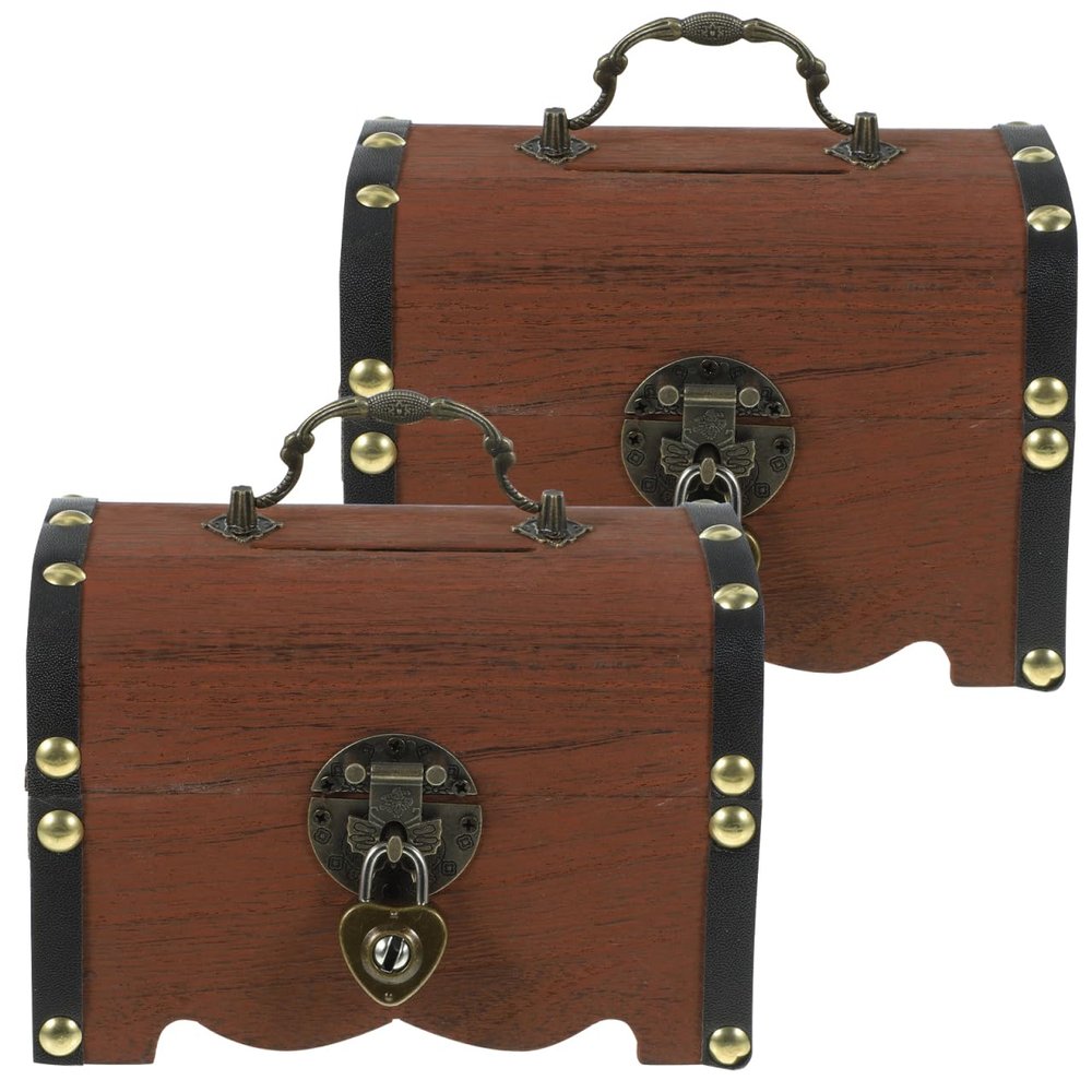 2pcs Treasure Storage Box with Lock Wooden Piggy Bank Pirate Chest Retro Money Coins Saving Box