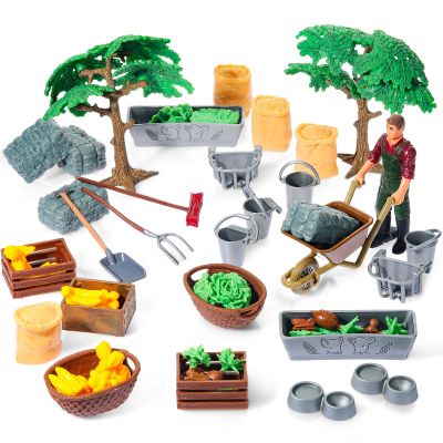 54 Pcs Play Farm Feed Food Accessories Toy Set Mini Educational Playset Feed Set, Includes Plastic Hay Bale Straw Heap Vegetable Planting Scene Tools Educational Gift Cake Toppers for Kids Toddlers
