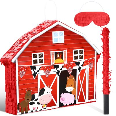 Nezyo Farm Piata Farm Baby Shower Decorations Animal Party Supplies Includes Barnyard Piata Bat Stick Blindfold Mask for Farmhouse Country Birthday Cinco De Mayo Party Mexican Game Supplies