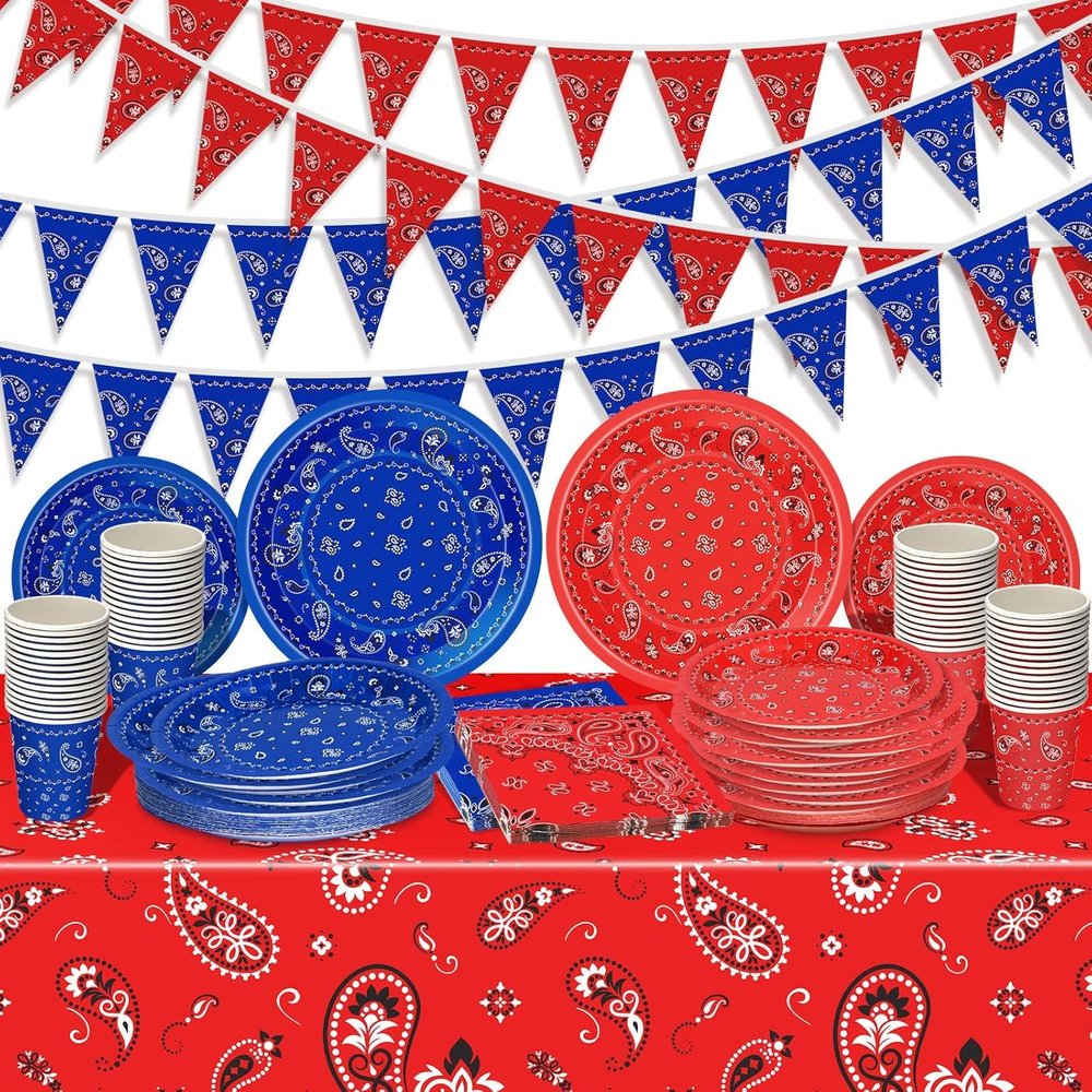 123 Pcs Western Cowboy Party Decoration Include 1 Plastic Paisley Print Tablecloth 2 Bandana Pennant Banner 60 Disposable Paper Plates 30 Cups and 30 Napkins for Western Cowboy Theme Party (Red, Blue)