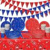 123 Pcs Western Cowboy Party Decoration Include 1 Plastic Paisley Print Tablecloth 2 Bandana Pennant Banner 60 Disposable Paper Plates 30 Cups and 30 Napkins for Western Cowboy Theme Party (Red, Blue) view 1