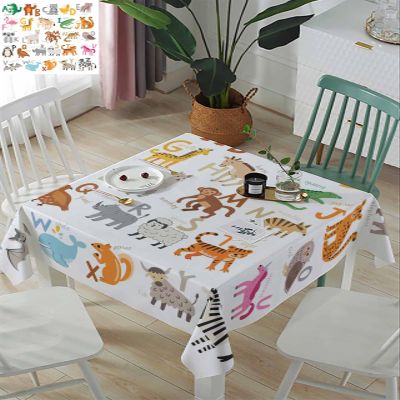 ZOE GARDEN Square Tablecloth Waterproof & Stainproof Tablecloths, Cartoon Style Alphabet Dragon Bear Elephant Washable Polyester Table Cloth Wrinkle-Free Fabric Table Cover for Dining/Party/Wedding