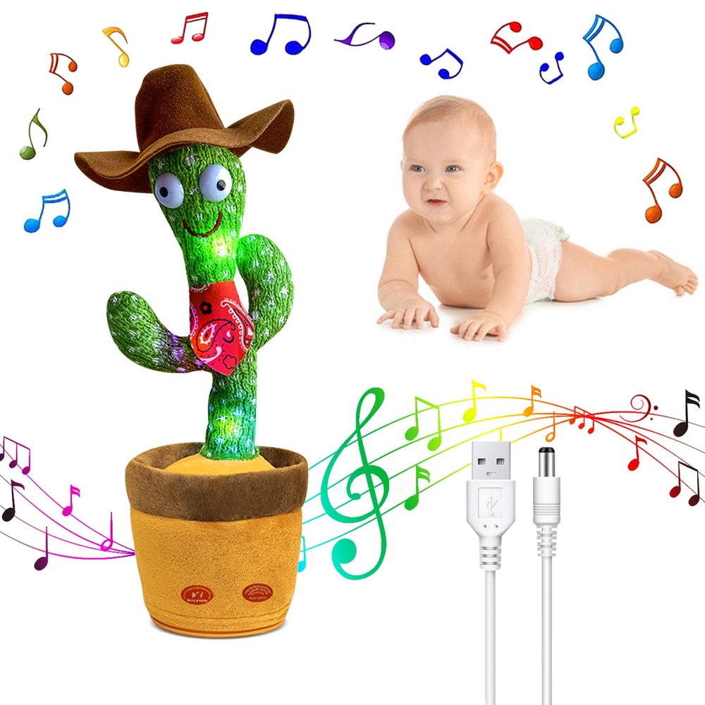 UMIKOOL DIRECT Dancing Cactus Repeats What You Say, Talking Sunny Cactus Toy USB Charging, Dancing Lighting Recording Mimicking Toy for Kids (Cowboy)