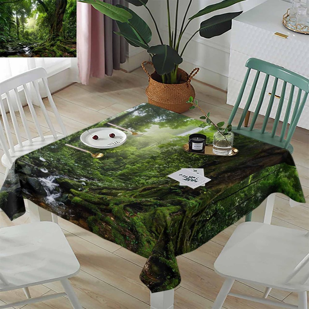 ZOE GARDEN Square Tablecloth Waterproof & Stainproof Tablecloths, Wild Forest Scenery Washable Polyester Table Cloth Wrinkle-Free Fabric Table Cover for Dining/Party/Wedding Green Plant