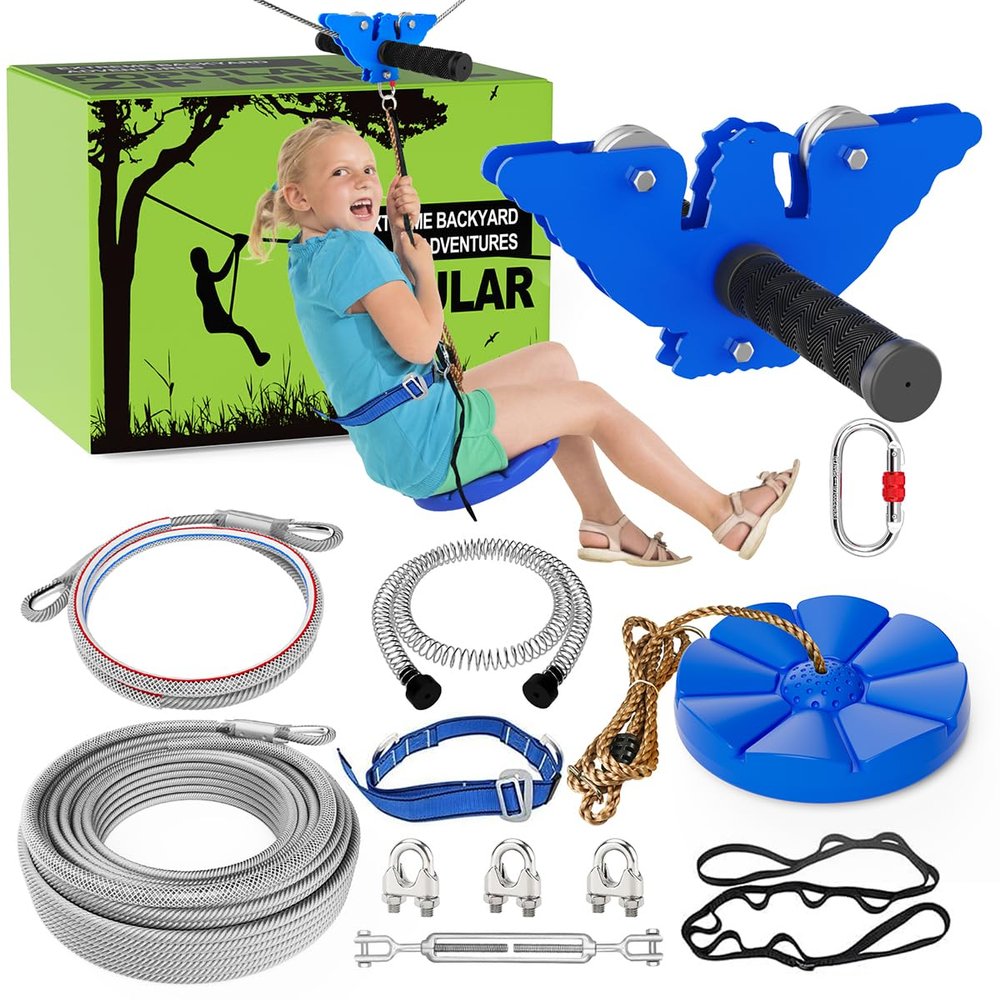 X XBEN 150FT Zip line Kits for Backyard, Zip Lines for Kid and Adult, Included Swing Seat, Ziplines Brake, and Steel Trolley, Outdoor Playground Equipment