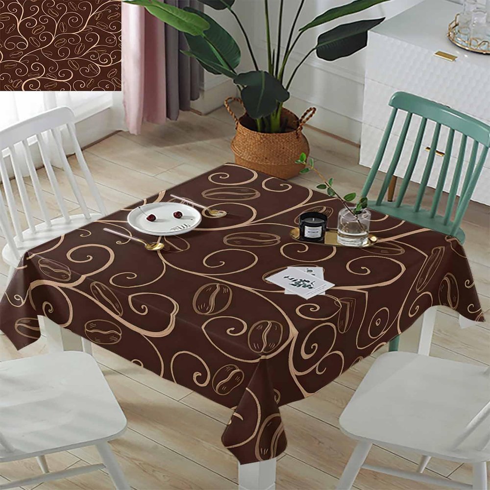 ZOE GARDEN Square Tablecloth Waterproof & Stainproof Tablecloths, Abstract Coffee Bean Line Washable Polyester Table Cloth Wrinkle-Free Fabric Table Cover for Dining/Party/Wedding Retro Brown