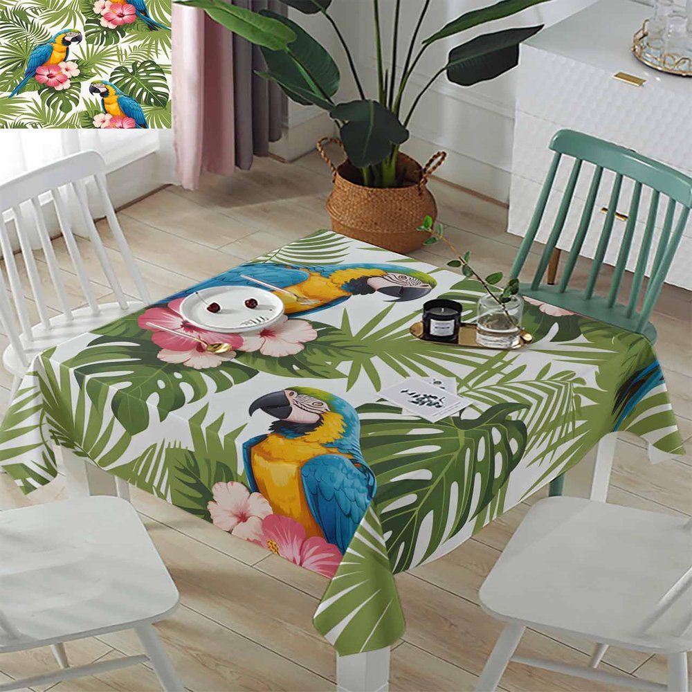 ZOE GARDEN Square Tablecloth Waterproof & Stainproof Tablecloths, Colorful Animal Parrot Washable Polyester Table Cloth Wrinkle-Free Fabric Table Cover for Dining/Party/Wedding Green Tropical Plant