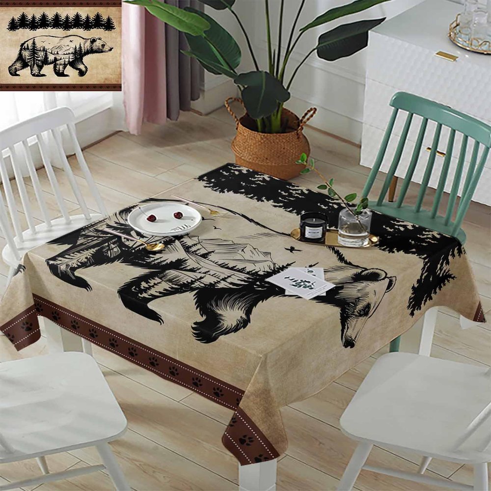 ZOE GARDEN Square Tablecloth Waterproof & Stainproof Tablecloths, Tree Animall Bear Washable Polyester Table Cloth Wrinkle-Free Fabric Table Cover for Dining/Party/Wedding Retro Brown Sihouette