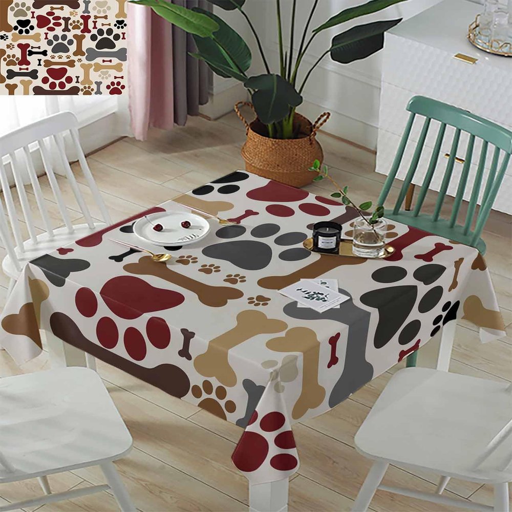 ZOE GARDEN Square Tablecloth Waterproof & Stainproof Tablecloths, Cartoon Animal Pet Paw Bone Retro Backdrop Washable Polyester Table Cloth Wrinkle-Free Fabric Table Cover for Dining/Party/Wedding