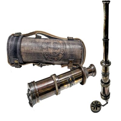 Karniproduction- Antique Functional Telescope Replica, Pirate's Instrument, Antique Finish, 16in Long 1Pc in Leather Case, Handheld Style Spyglass, Brass Made Glass Optics & High Magnification