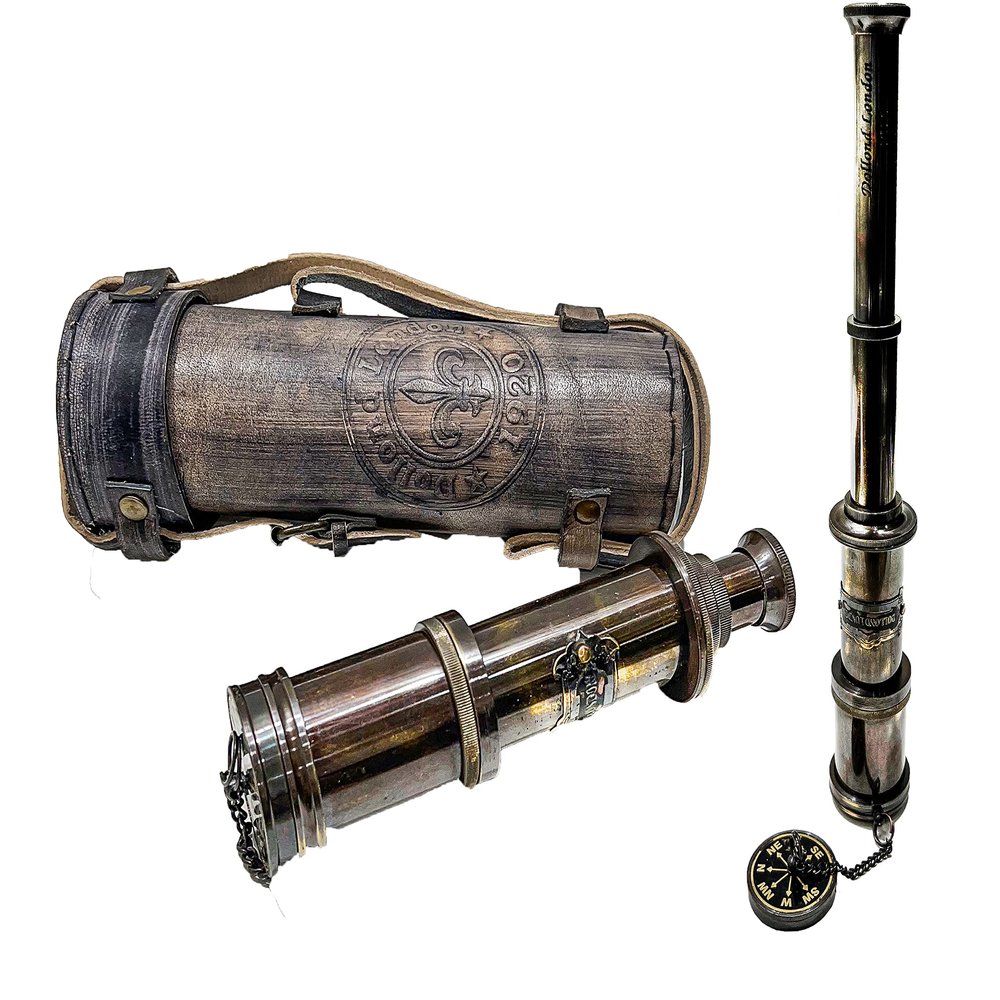 Karniproduction- Antique Functional Telescope Replica, Pirate's Instrument, Antique Finish, 16in Long 1Pc in Leather Case, Handheld Style Spyglass, Brass Made Glass Optics & High Magnification