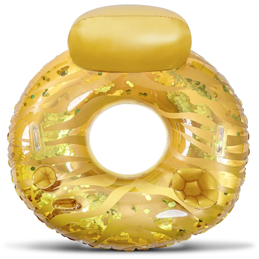 POZA Gold Inflatable Luxury Tube with Back Rest - Big Luxurious Lounger Pool Float Tube Filled with Sparkle Confetti, Built in Phone Holder, Cup Holders, and Handles, Premium Thick Ring - 42 Inches