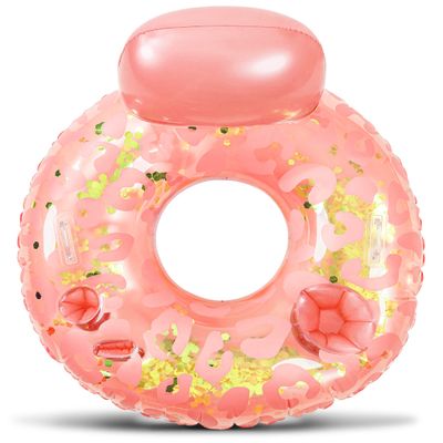 POZA Rose Gold Inflatable Luxury Tube With Back Rest - Big Luxurious Lounger Pool Float Tube Filled with Sparkle Confetti, Built in Phone Holder, Cup Holders, and Handles, Premium Thick Ring - 42 Inch
