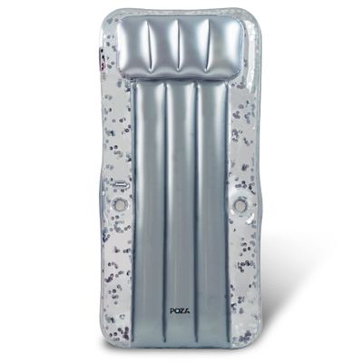 POZA Large Inflatable Pool Lounger Air Mattress - Big and Stylish Confetti-Filled Pool Lounger Float, Thick Blow Up Pool Mat with Built-in Headrest, Phone Holder, and Cup Holders - 76x32 inch - Silver