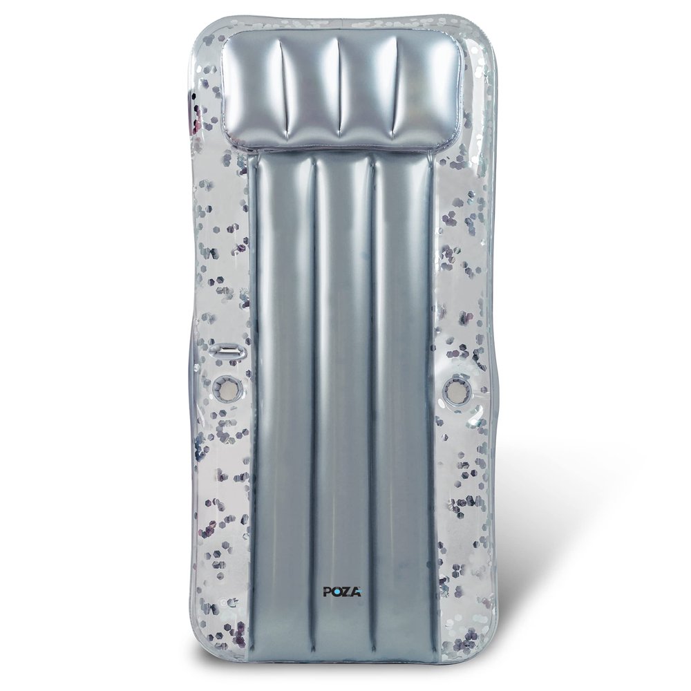 POZA Large Inflatable Pool Lounger Air Mattress - Big and Stylish Confetti-Filled Pool Lounger Float, Thick Blow Up Pool Mat with Built-in Headrest, Phone Holder, and Cup Holders - 76x32 inch - Silver