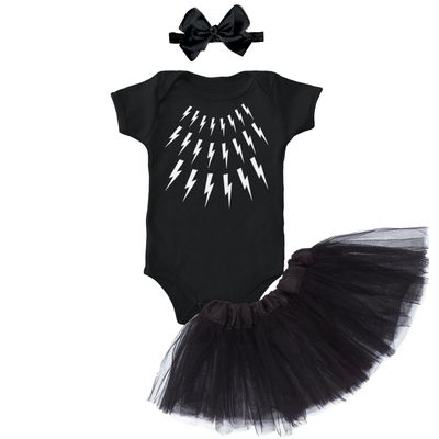 Tcombo Lightning Bolts - David Rose Sweater Parody Baby Bodysuit + Tutu Skirt + Bow Headband Set (Black Bodysuit/Black Tutu, 12 Months)