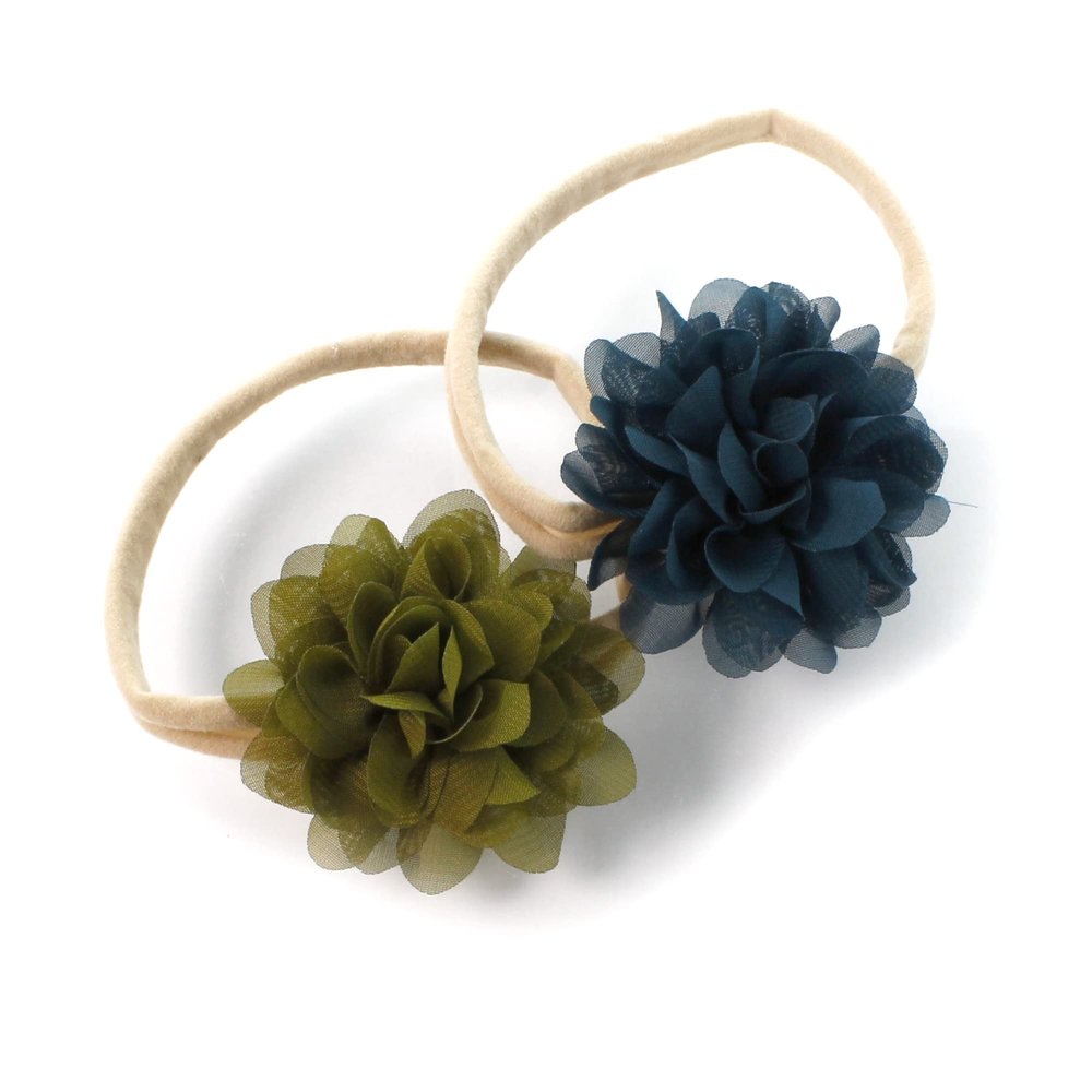 My Lello Baby Girl Rounded Petal Chiffon Flower Nylon Elastic Headbands Set 2pcs - Small - Moss Green/Teal