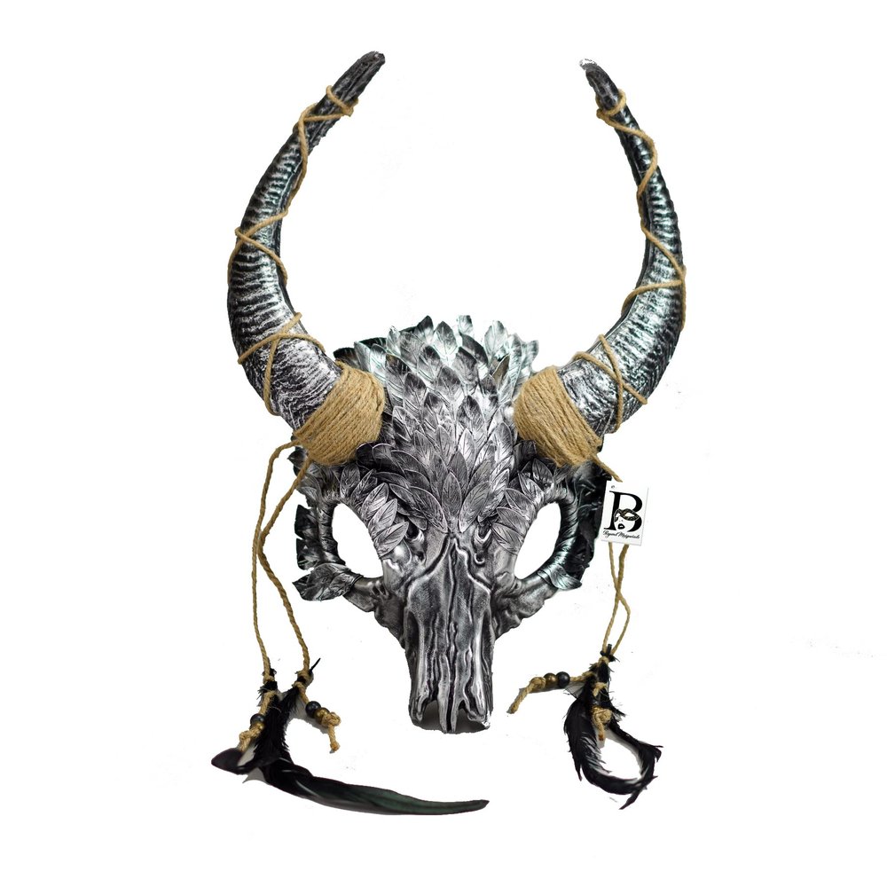Magical Ram Skull Horns Headpiece Headdress Masquerade Mask Devil Fairy Horns Headband Party Mask Halloween Cosplay Voodoo Fairy Head Wear (Silver)